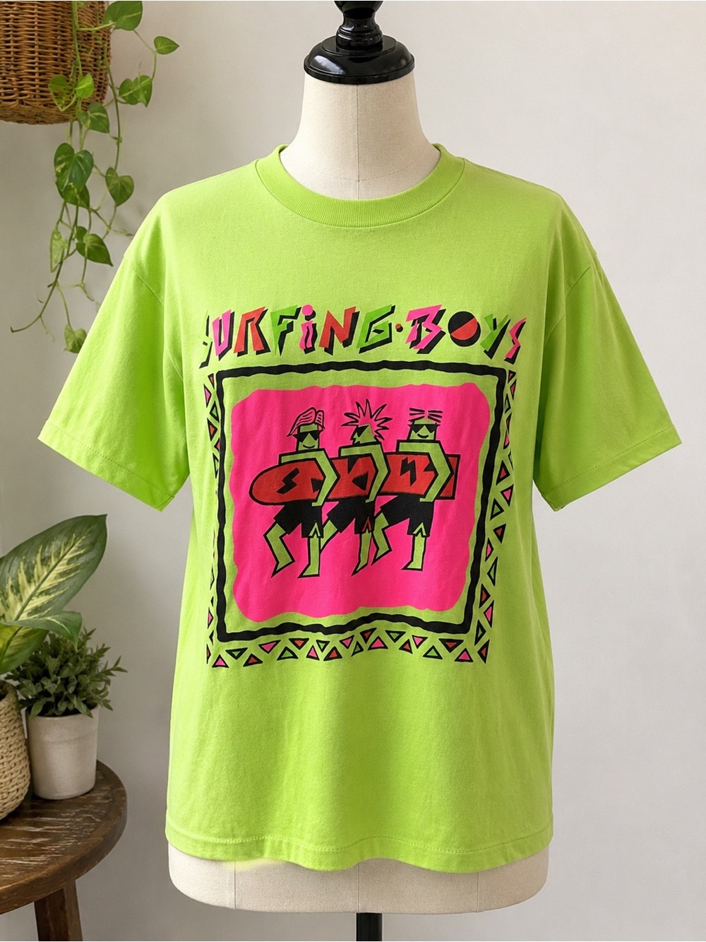 Vintage 80s 90s Surfing Graphic T-shirt Neon Green Surf Tee Retro Single Stitch